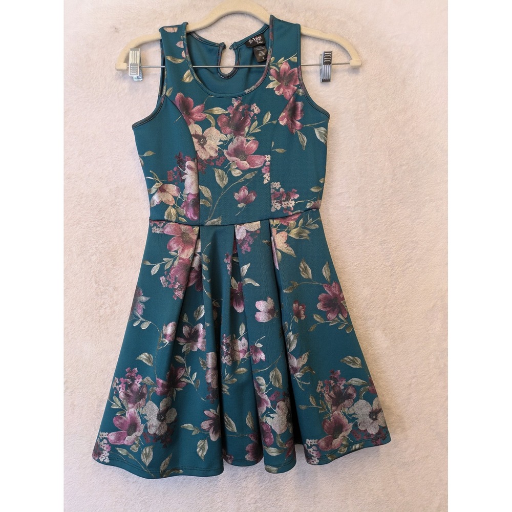 2-Hip by Wrapper Floral Fit & Flare Dress Girl's 10 Teal Metallic Sleeveless